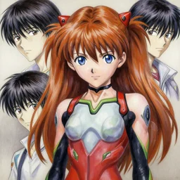 Asuka Langley from Evangelion portrait drawn Yusuke Murata and Takeshi Obata, inspired by Death Note 2003 manga,intricate detail, photorealistic style, intricate detailed oil painting, detailed illustration, oil painting, painterly feeling, sharp high detail