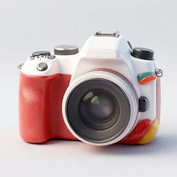 dslr camera made of candy, realistic, 3 d model