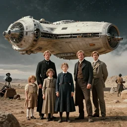 highly detailed, 256435456k film, 7257600mm film still from a sci fi blockbuster color movie made in 2019, set in 1860, of a family standing in front of a spaceship that has just landed on an alien planet, the family are all wearing 1860s era clothes, good lighting, good photography, ultra high definition