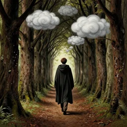 a man in a cloak walking in an old wood corridor, swirly clouds, art by aaron horkey and moebius, high details, contrasted colors, cinematic, cgsociety 8 k