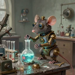a steampunk robot mouse performing a chemistry experiment at a lab bench, grimy, beakers are glowing, the lab is packed with equipment, renaissance painting, pastel colors