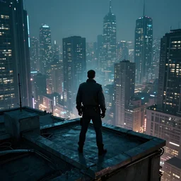 a lone detective stands on a rooftop of a cyberpunk city