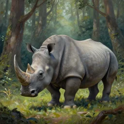 a painting of a rhino in a forest, a detailed matte painting by marc simonetti, behance contest winner, fantasy art, matte painting, concept art, matte drawing. masterpiece
