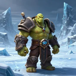 world of warcraft orc warrior chief thrall standing in a vast icy lands and dark icy mounatins in the background, extremely detailed, wow, cinematic, unreal engine 5, artistic, movie poster, world of warcraft cinematics style