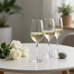 5 5 mm photo of wine - glass on a zen minimalist table with white roses and houseplants in the background. highly detailed 8 k. intricate. lifelike. soft light. nikon d 8 5 0.
