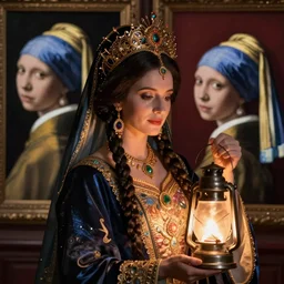 queen of the twilight with her lantern , by Annie Swynnerton and Nicholas Roerich and Vermeer, strong dramatic cinematic lighting , ornate headdress ,  lost civilizations, smooth, sharp focus, extremely detailed