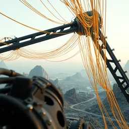 a modern cybernetic landscape, gold, wires, and black steel, insane reflexions, pastel colored, daylight, peaceful, 8 k, ambient occlusion, octane render, by chris mastree