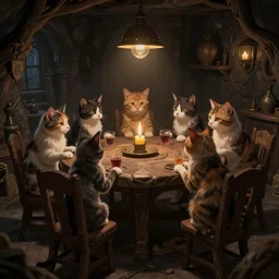a group of cats playing dungeons and dragons around a table in a dark cellar. soft ligthing. concept art, high details. artstation hq