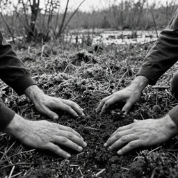 movie still by tarkovsky of hands going out the dirt in a mossy fields, swamp backround, cinestill 8 0 0 t 3 5 mm b & w, heavy grain, high quality, noir, natural textures, photorealistic, ambient occlusion, hd, ultra wide lens, anamorphic