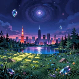 abandoned by toyo ito, vice city at dusk lake cyberpunk forest sunlight at night magic realism meadow anime nightsky tokyo alien infrared water desert tundra gem, archdaily, wallpaper, highly detailed, trending on artstation.