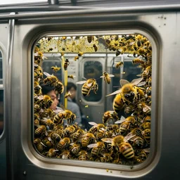 a subway car full of bees, cinematic