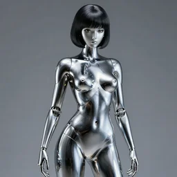 Hajime Sorayama designed Metallic Robot Woman, Studio Lighting. Robot woman’s skin made out of reflective chrome, Hyperreal