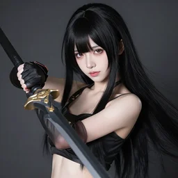 highly detailed beautiful watamote cosplay, warcore, dramatic pose, long black hair and fringe, upper body portrait, clear and perfect eyes, midriff, professional photography overhead lighting, 8 k 3 5 mm, holding weapon, pixiv
