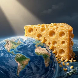 On the flat earth, the oceans are prevented from falling off the edge by a giant wall made of macaroni and cheese. Photograph.