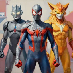 greg manchess portrait painting of armored spiderman ultraman grey fox from metal gear cyborg japanese - american hybrid as overwatch character, medium shot, asymmetrical, organic painting, sunny day, matte painting, bold shapes, hard edges, street art, trending on artstation, by huang guangjian and ail elvgren and sachin teng