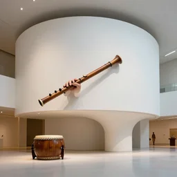 ! dream! dream an art museum whose architecture is inspired by drum and flute instrument pieces, greenhouse with hanging suspended foliage and topiary ar 1 6 : 9
