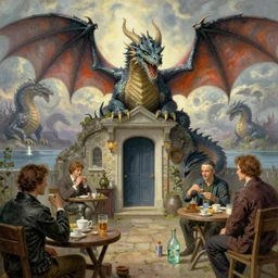 dragwads, british dragons, ultraterrestrial dragons, drinking tea and gin at at the local tavern, subsurface scattering, soft colors, don't look out the front door no matter what you do, drawn by norman rockwell, thomas kinkade, greg rutkowski, artgerm,