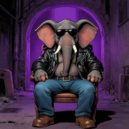 anthropomorphic elephant wearing an sunglasses, a leather jacket and jeans sitting on a chair while behind him is an purple portal in a dark alley, in western comics art style