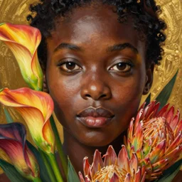 beautiful portrait of an African woman, beautiful eyes, colourful calla lilies and king protea flowers, close-up, face in focus, golden ratio, intricate oil painting by John William Godward and Anna Dittman, Neo-Gothic, Neoclassical, Neo-Gothic,
