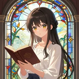 very very beautiful cute anime girl, book in hand, art nouveau, stained glass window geometric, trending on pixiv