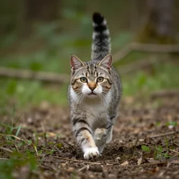 a cat with the face of a dog, running in the woods, photo