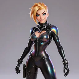 full body digital artwork of tracer overwatch, wearing black iridescent rainbow latex, 4 k, expressive happy smug expression, makeup, in style of mark arian, wearing detailed black leather collar, wearing chains, black leather harness, leather cuffs around wrists, detailed face and eyes,