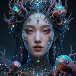 goddess close-up portrait. bioluminiscent creatures, intricate artwork by Tooth Wu and wlop and beeple. octane render, trending on artstation, greg rutkowski very coherent symmetrical artwork. cinematic, hyper realism, high detail, octane render, 8k