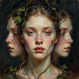 symmetry!! the portrait of the absurdly beautiful woman, octane render, symmetrical face, maximalist details, vines and skinny wires, octane render, trending in cgsociety, a beautiful painting by gerald brom, peter mohrbacher, sophie anderson