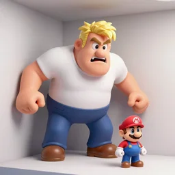 Giant duke Nukem scared in the corner of a room, tiny Mario, 3D video game