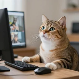 an anthropomorphic cat looking up cat videos on a computer using mouse with paw, 85mm f1.8