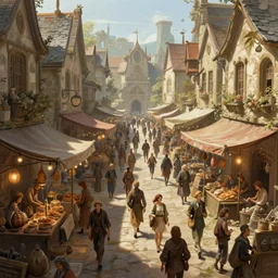 bustling fantasy market street, deep focus, intricate, highly detailed, digital painting, artstation, concept art, matte, sharp focus, illustration, hearthstone, art by artgerm and greg rutkowski