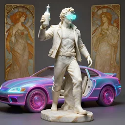 gediminas pranckevicius a detailed full bodied marble sculpture of jensen ackles as time traveler stepping out of a futuristic neon colored car, holding a milkor mgl, wearing glowing neon shuttered 1 9 8 0 s glasses!!!!, aetherpunk, masterpiece, 8 k, art by greg rutkowski and albert bierstadt and arthur rackham and alphones mucha