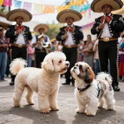 a cream-colored Havanese dog and shih tzu dog playing in a mariachi band, at fiesta in Mexico, Leica 35mm, 4K