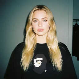 realistic photoshooting for a new bape lookbook, color film photography, photo of a beautiful blonde woman, photo in style of tyler mitchell, 3 5 mm,