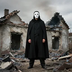 a man in a presidential mask and a black cloak stands on the ruins of a burnt house