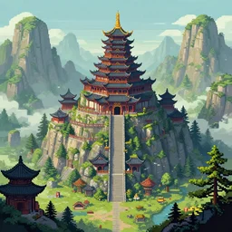 mysterious temple in the mountains, fantasy landscape, extremely detailed, sharp focus, pixelart, wide view, digital illustration, by dan mumford, greg rutowski, johan grenier