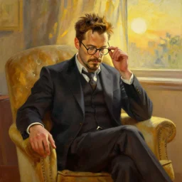 oil painting of tony stark wiping his glasses, sitting in an armchair in a room with the setting sun, by thomas kinkade, golden hour