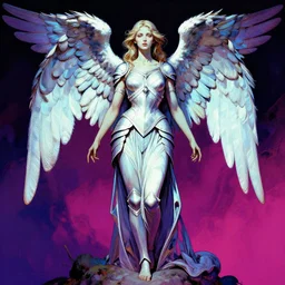 portrait of frail and pale female peace angel full - body, beautiful! scenery art!! coherent! by frank frazetta, by brom, strong line, vivid neon color, artstation / pixiv!! elegantly armored angel portrait full - body