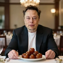 a portrait of elon musk sitting at the dining table with a plate containing gulab jamun in front of him, highly detailed, trending on artstation, bokeh, 9 0 mm, f / 1. 4