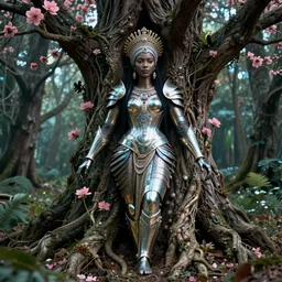 hyperrealistic post - renaissance masterpiece super expressive! yoruba goddess with exoskeleton armor, merging with tree in a forest, pink flowers, highly detailed digital art cinematic, smooth cam de leon eric zener dramatic pearlescent soft teal light, ground angle hd 8 k, sharp focus
