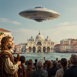 an alien ufo spaceship landing on renaissance italy venice city landscape with beautiful temples by leonardo da vinci, magali villeneuve, rembrant, claude monet, intricate, time travel theme, audince in awe, sorround