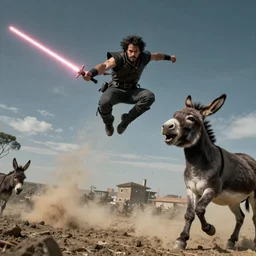 Determined man jumping through the air with a lightsaber to attack a screaming donkey