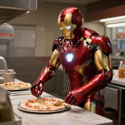 film still of Ironman working in a pizza parlor making pizza in the new Avengers movie, 4k