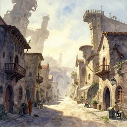 streets of a medieval scifi town on an oasis. watercolor by moebius and clamp, backlighting.