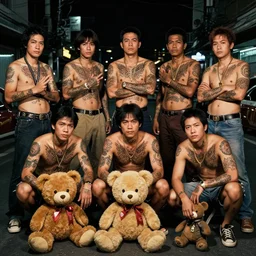 ultra realistic photo of bangkok street gangs with tattoos over the years, with their teddy bear. 8 0 s. lighting dim. awards winner photographers.