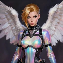 portrait digital artwork of tracer overwatch, wearing iridescent rainbow latex and leather straps catsuit outfit, in style of mark arian, angel wings, dramatic painting, wearing detailed leather collar, chains, black harness, detailed face and eyes,
