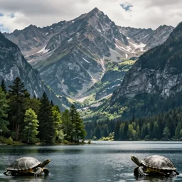 mountains, trees, lake, and turtles