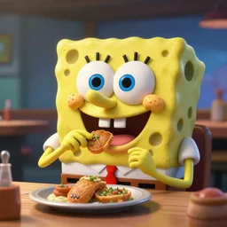 hyperrealistic!! spongebob!! eating at the krusty krab, stunning 3 d render inspired by stephen hillenburg, perfect symmetry, dim volumetric cinematic lighting, 8 k octane comprehensive render, extremely hyper - detailed attributes & atmosphere, intricately proportional, realistic flesh texture, masterpiece, artstation, stunning,