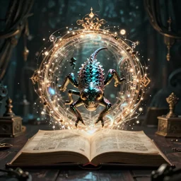 a shiny scaly weird creature climbing out of a shining glowing magical mystical portal in the center of an ancient spell book open on a table, dark and moody, magical realism