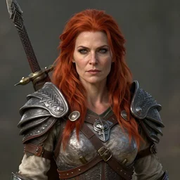 fantasy portrait of a  middle aged  beautiful  female barbarian warrior with red hair  , made by Stanley Artgerm Lau, WLOP, Rossdraws, ArtStation, CGSociety, concept art, cgsociety, octane render, trending on artstation, artstationHD, artstationHQ, unreal engine, 4k, 8k,